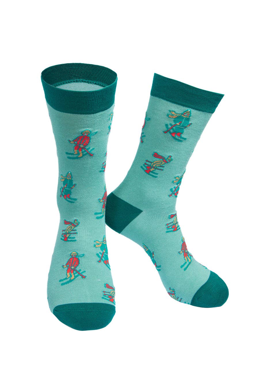 Pair of teal bamboo socks with a pattern of skiers.