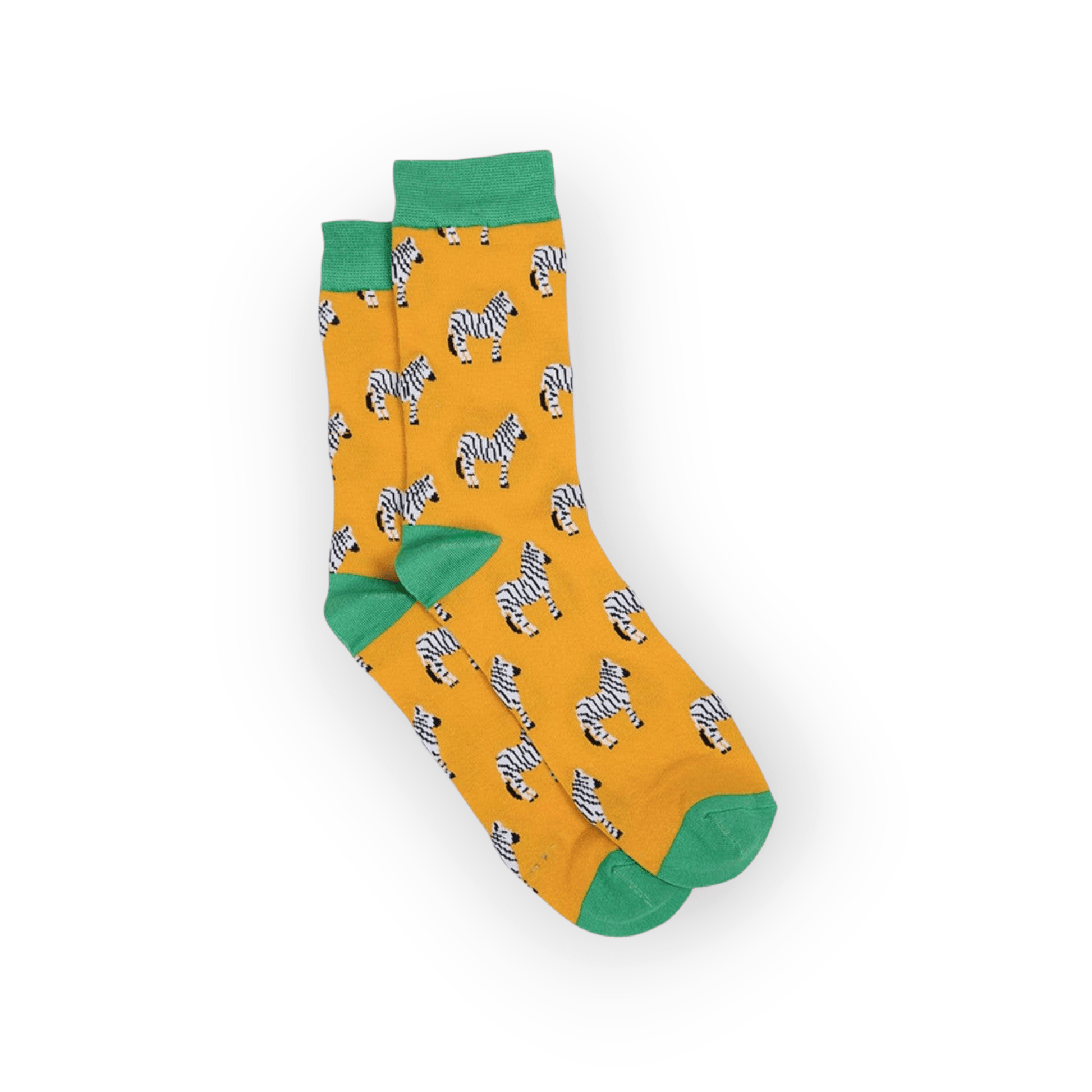 Men’s mustard and green zebra‑print bamboo socks folded on white background