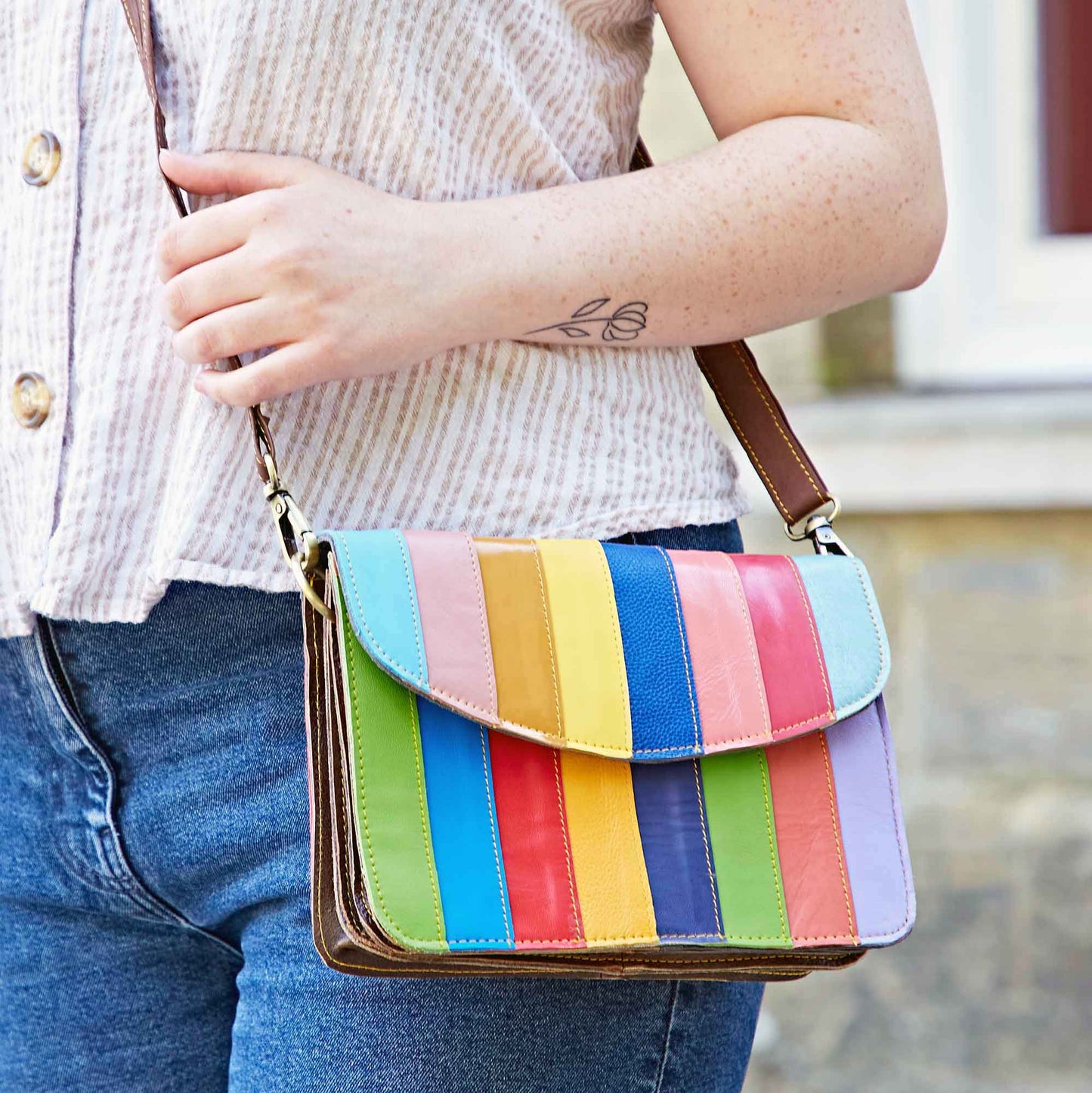 Recycled Leather Multicoloured Crossbody Bag - Handmade