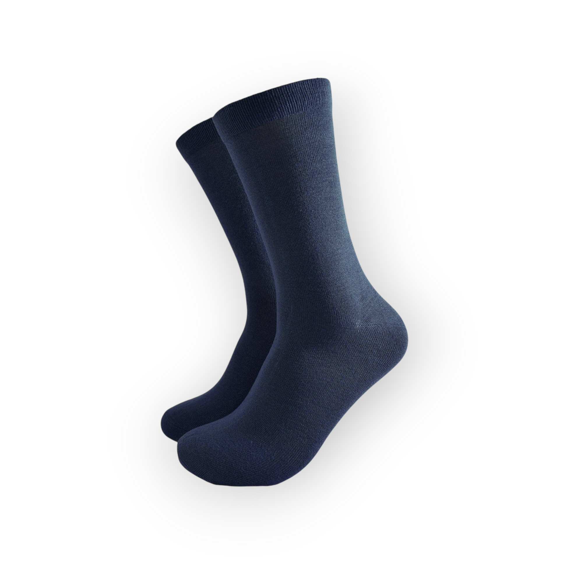A pair of navy blue bamboo socks designed for men, displayed against a white background.