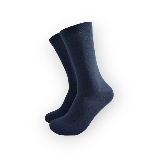 A pair of navy blue bamboo socks designed for men, displayed against a white background.