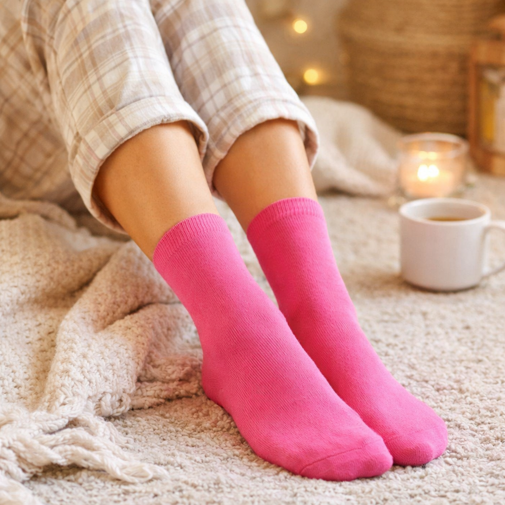 Person wearing bright pink socks sitting on a couch with a warm ambiance.