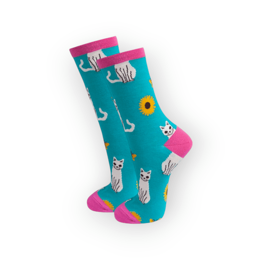 Women's Cat and Sunflowers Print Bamboo Ankle Novelty Socks