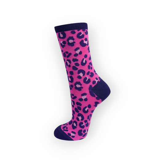 Women's Leopard Print Bamboo Socks Ladies Animal Print Pink and Navy