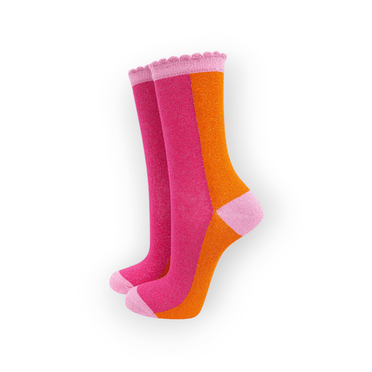 Women's Cotton Glitter Socks Colour Block in Pink & Orange