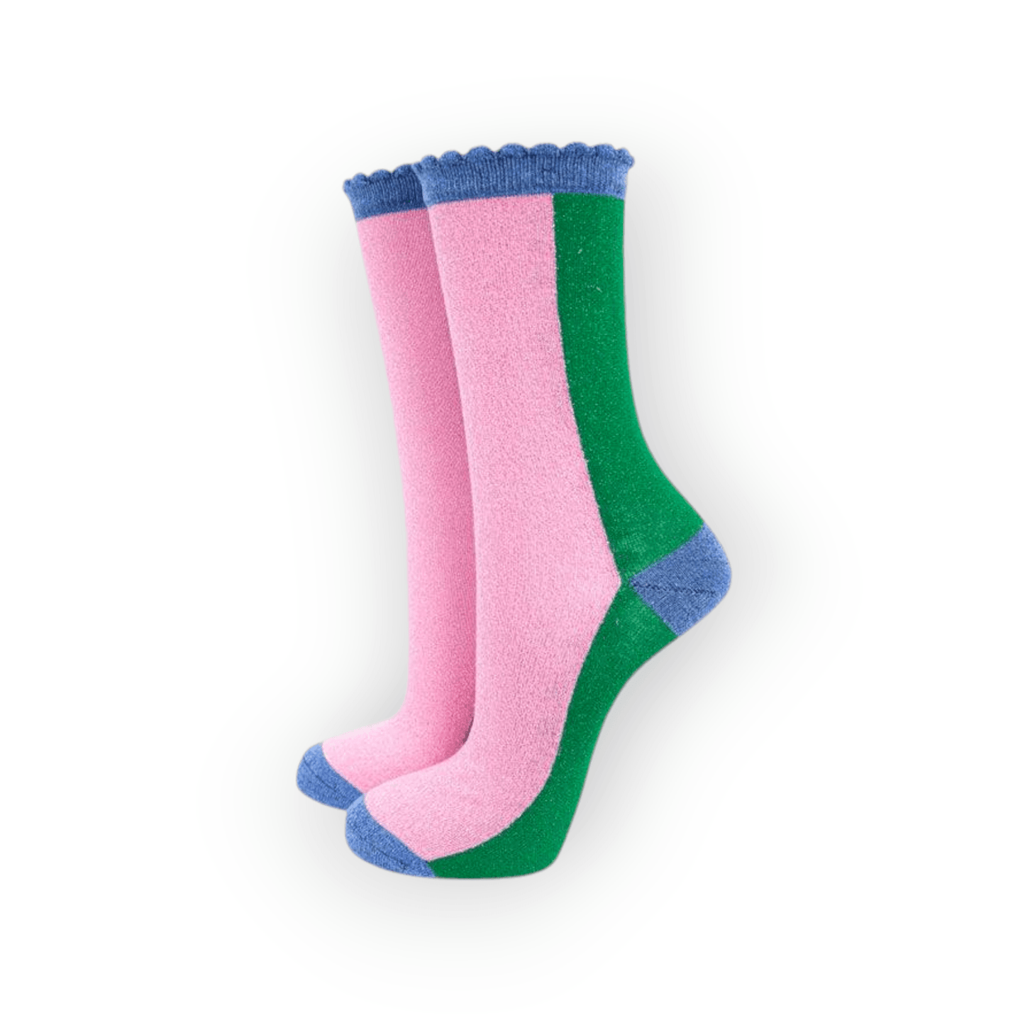 Women's Cotton Glitter Socks Colour Block in Green & Pink