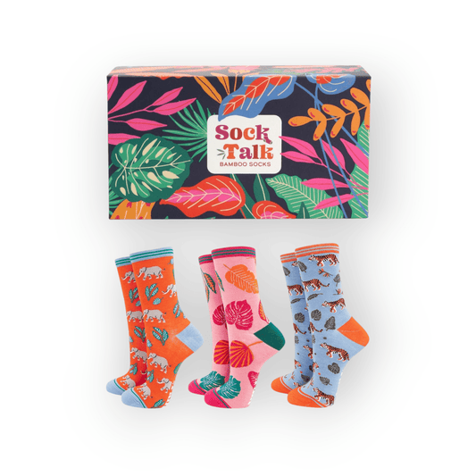 Women's Jungle Animals and Leafs Bamboo Socks Gift Box Set