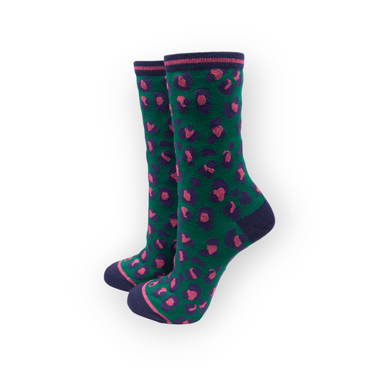 Women's Leopard Print Green and Pink Bamboo Socks