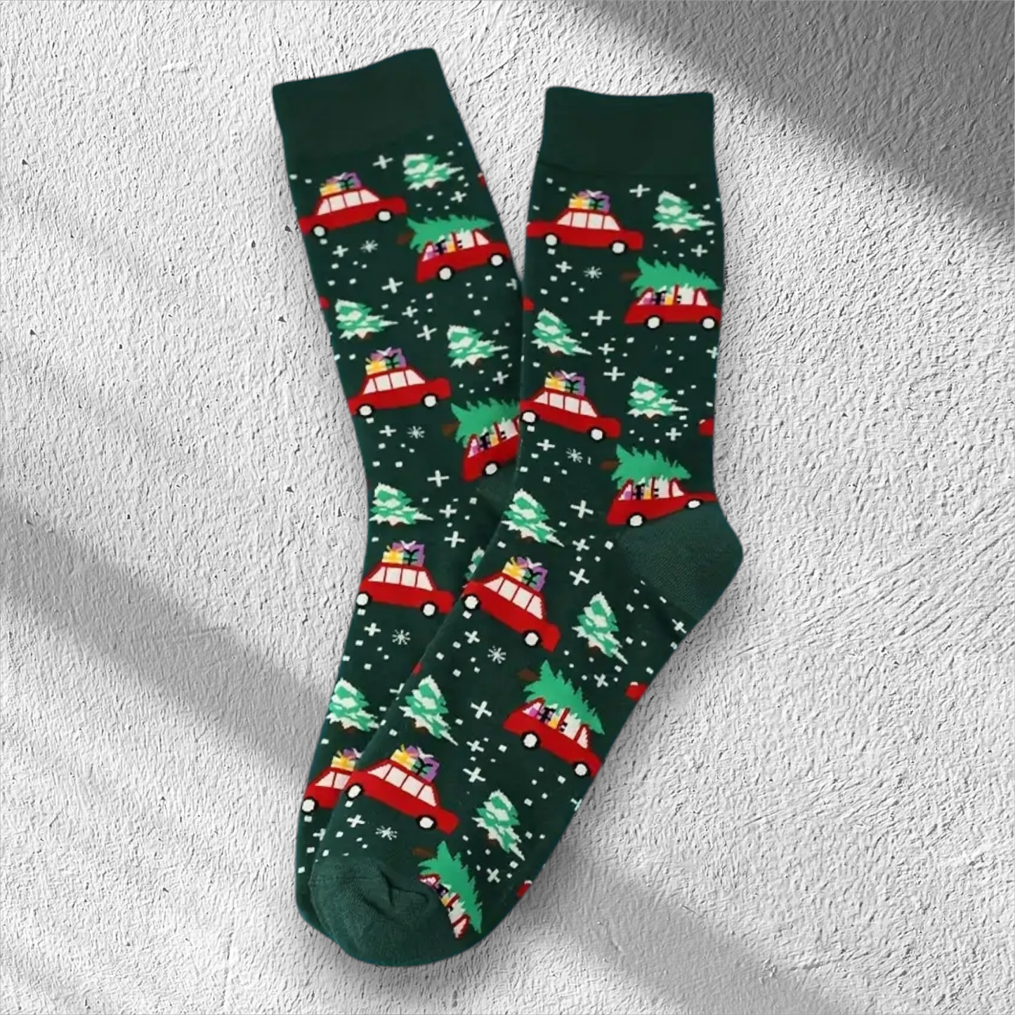 Unisex Christmas Cars Green Cotton Socks