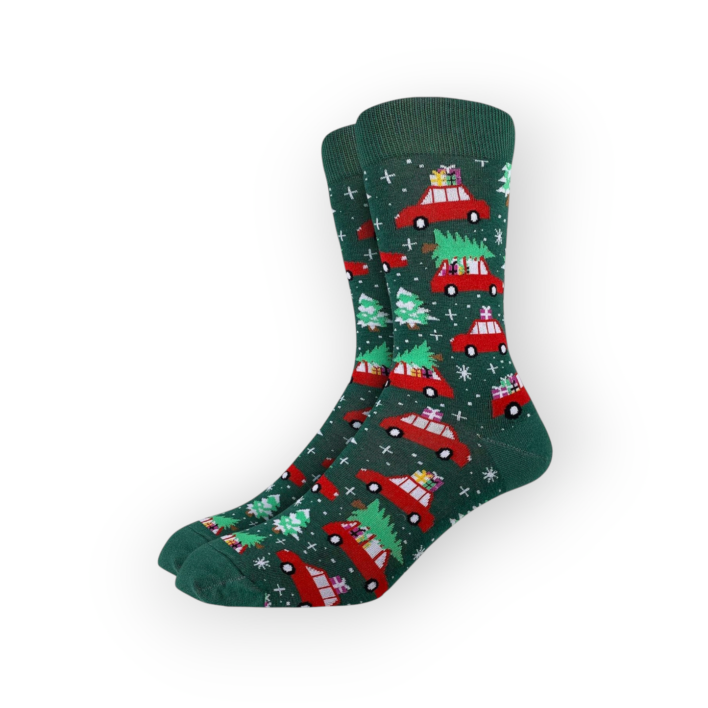 Unisex Christmas Cars Green Cotton Socks