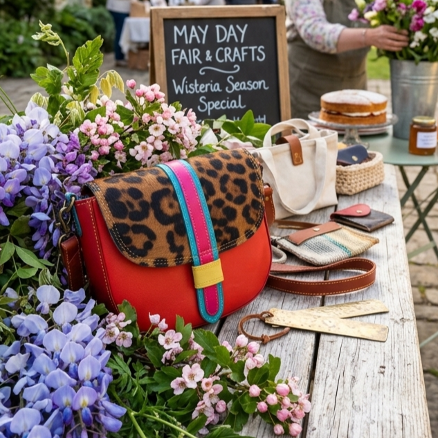 Handmade recycled leather crossbody bag in red and leopard print patchwork design with adjustable strap on a table with flowers and a chalkboard sign in the background.