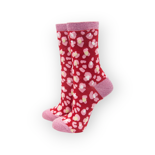 Red and Pink Animal Print Glitter and Bamboo Socks