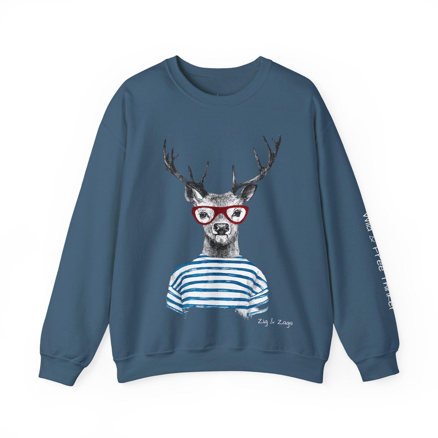 Wild and Free Reindeer Wearing Glasses Sweatshirt Indigo