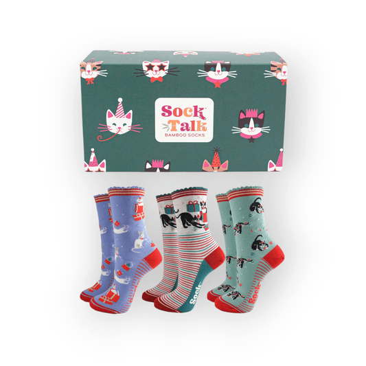 Women's Festive Cats Bamboo Socks Gift Box Set