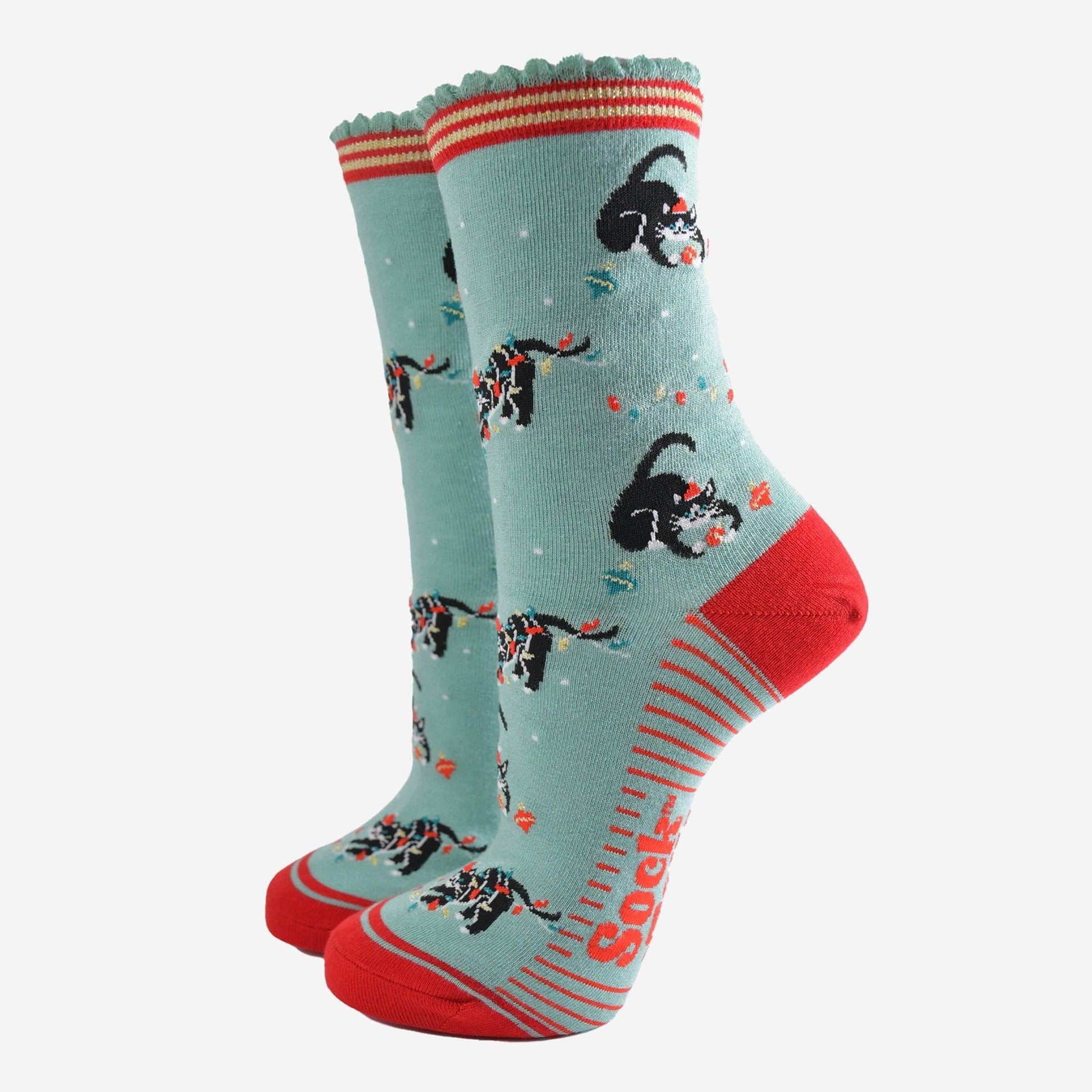 Women's Festive Cats Bamboo Socks Mint and Red Colour