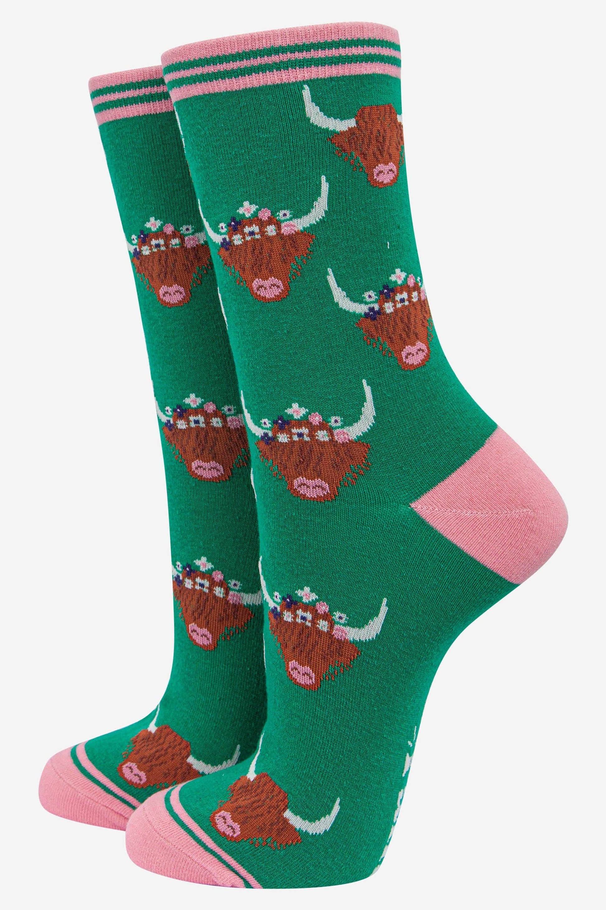 Women's Highland Cow Bamboo Socks Green