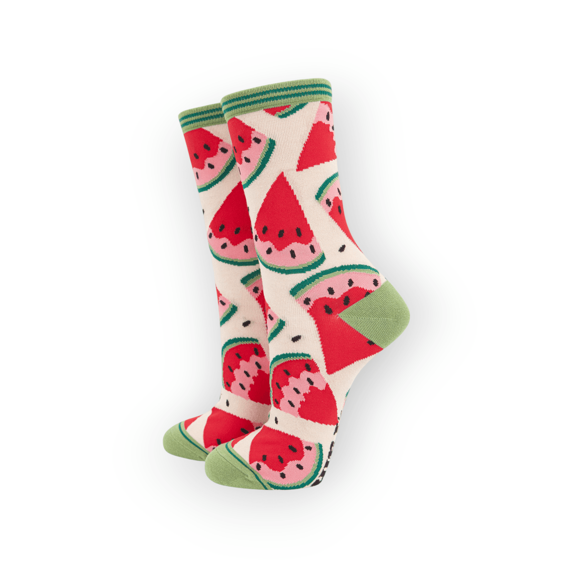 Women's Watermelon Slices Bamboo Socks with beige background and green accents 