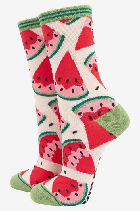 Women's watermelon slices bamboo socks with beige background and green accents 