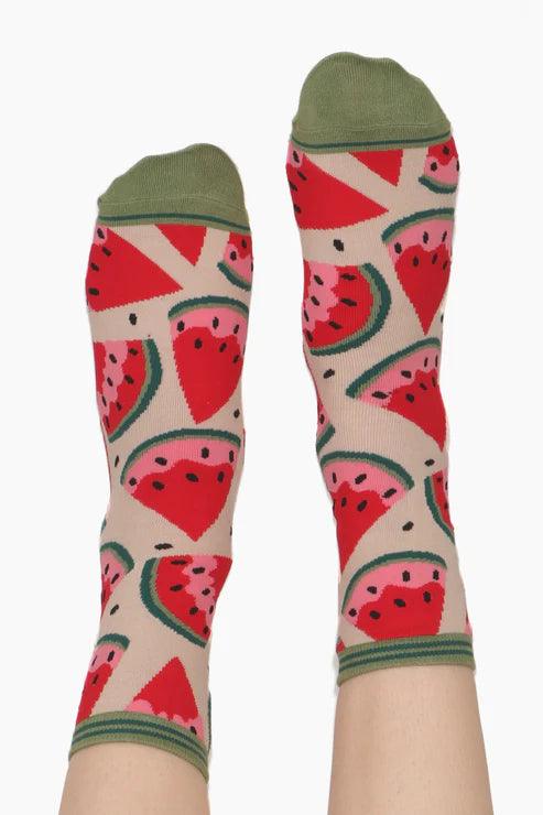 Women's Watermelon Slices Bamboo Socks Feet in the Air