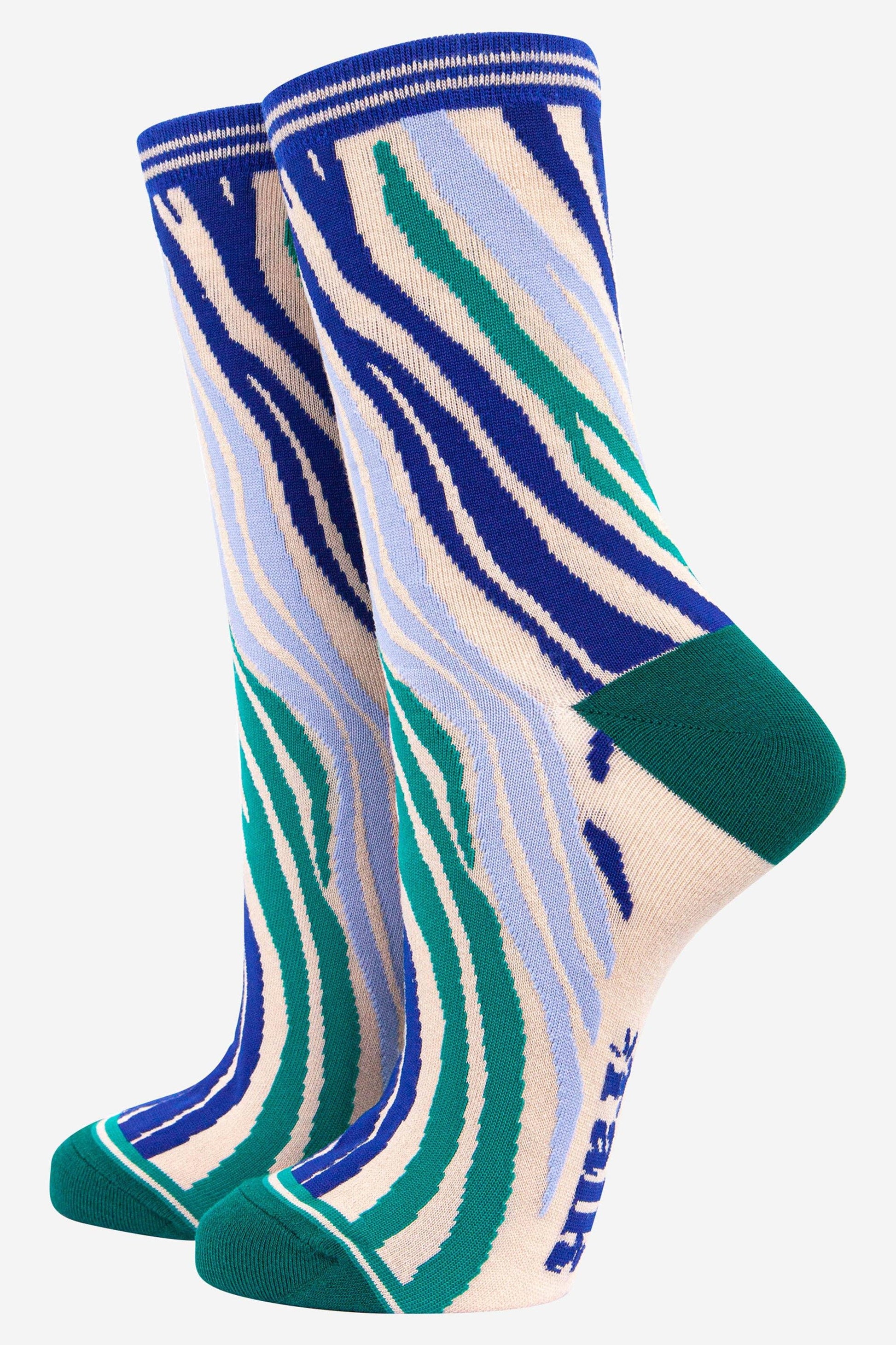 Women's zebra print bamboo socks in blue and green