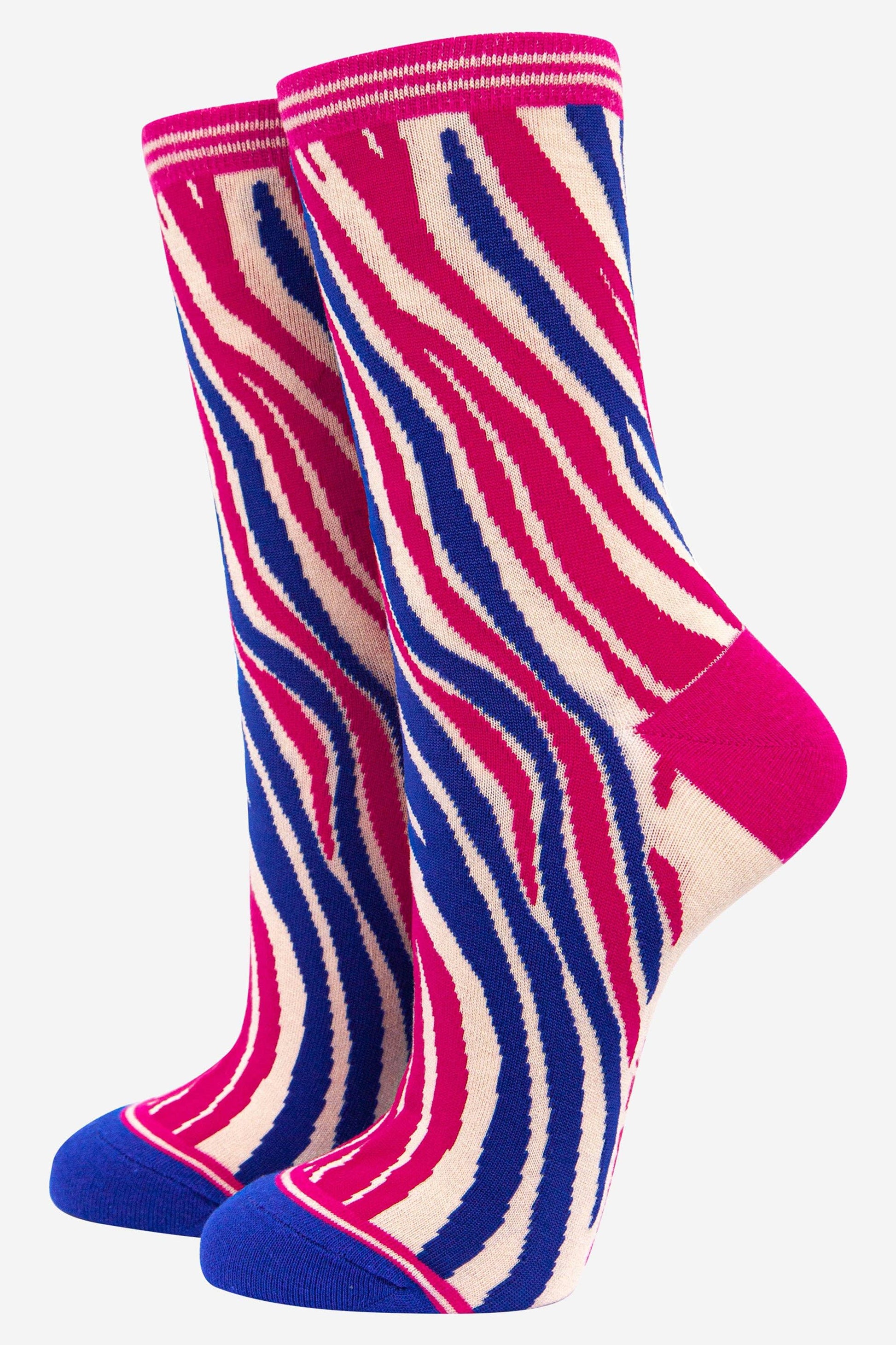 Women's zebra print bamboo socks in pink and blue
