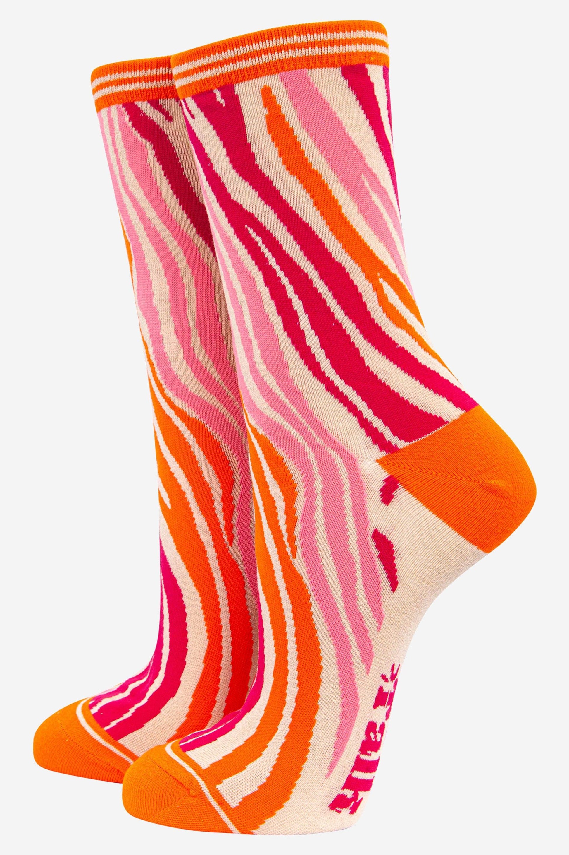 Women's zebra print bamboo socks in red pink and orange
