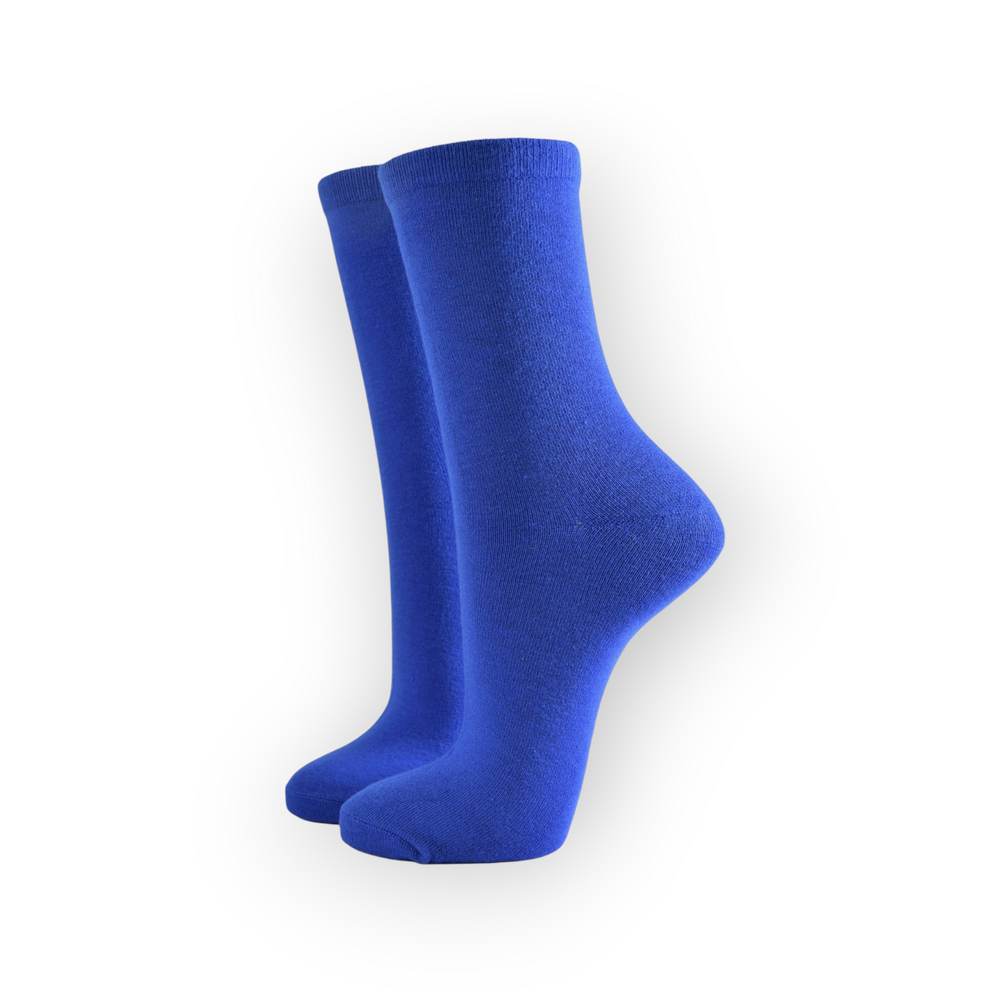 A pair of women's royal blue bamboo socks, positioned in a standing manner on a white background.