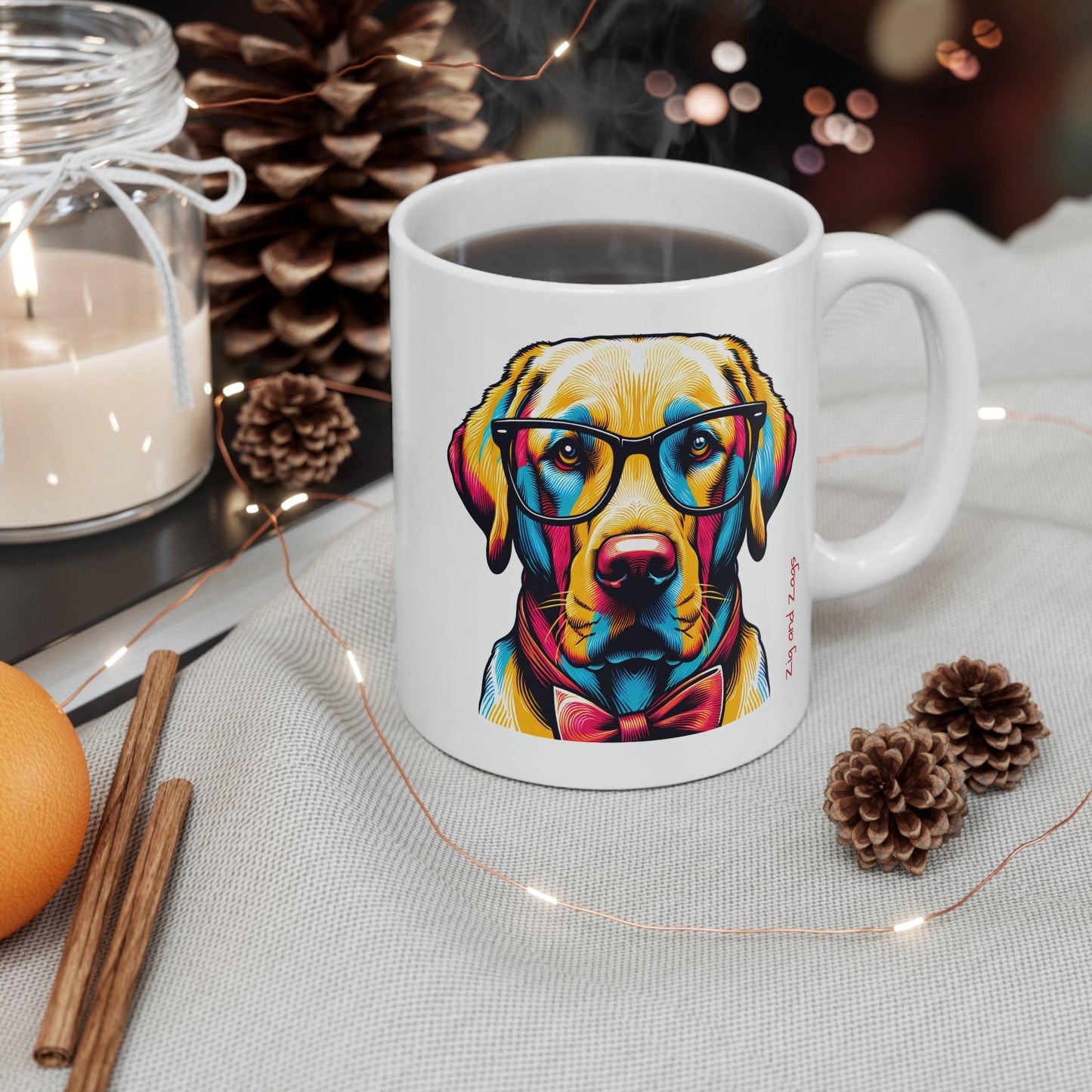Zig and Zags Labrador White Ceramic Mug in Christmas Setting