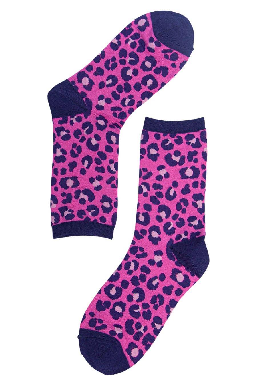 Women's Leopard Print Bamboo Socks Ladies Animal Print Pink and Navy