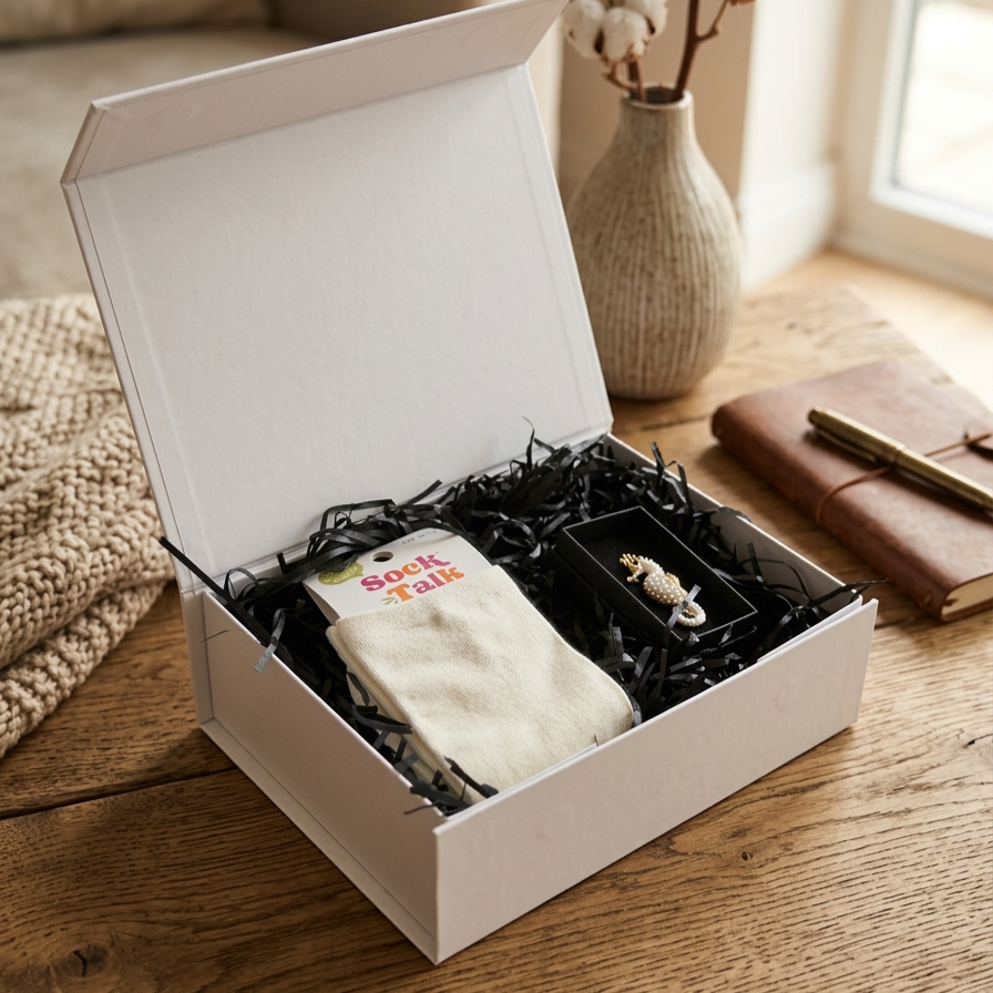 Open gift box with socks and a white seahorse brooch on a wooden surface