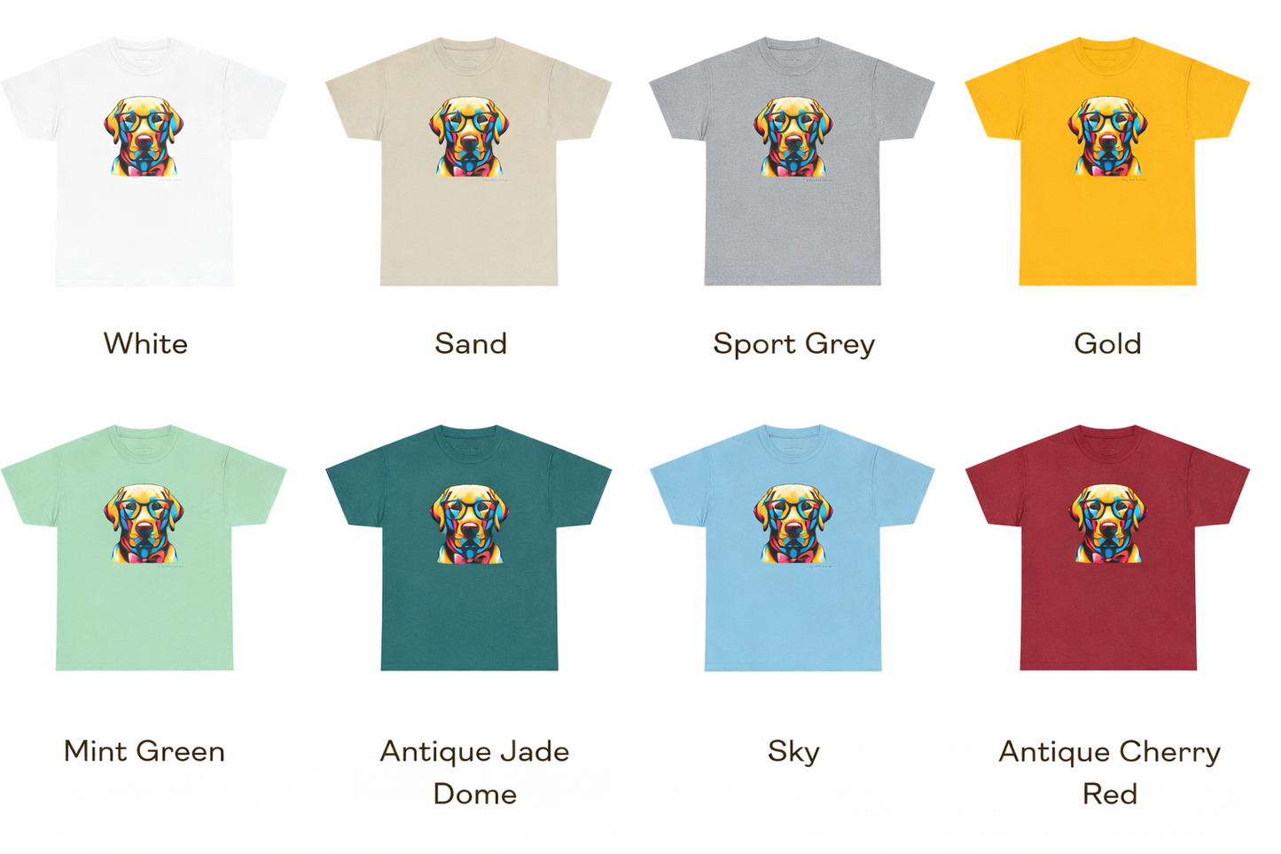 Collection of t-shirts in various colours with a dog graphic on a white background