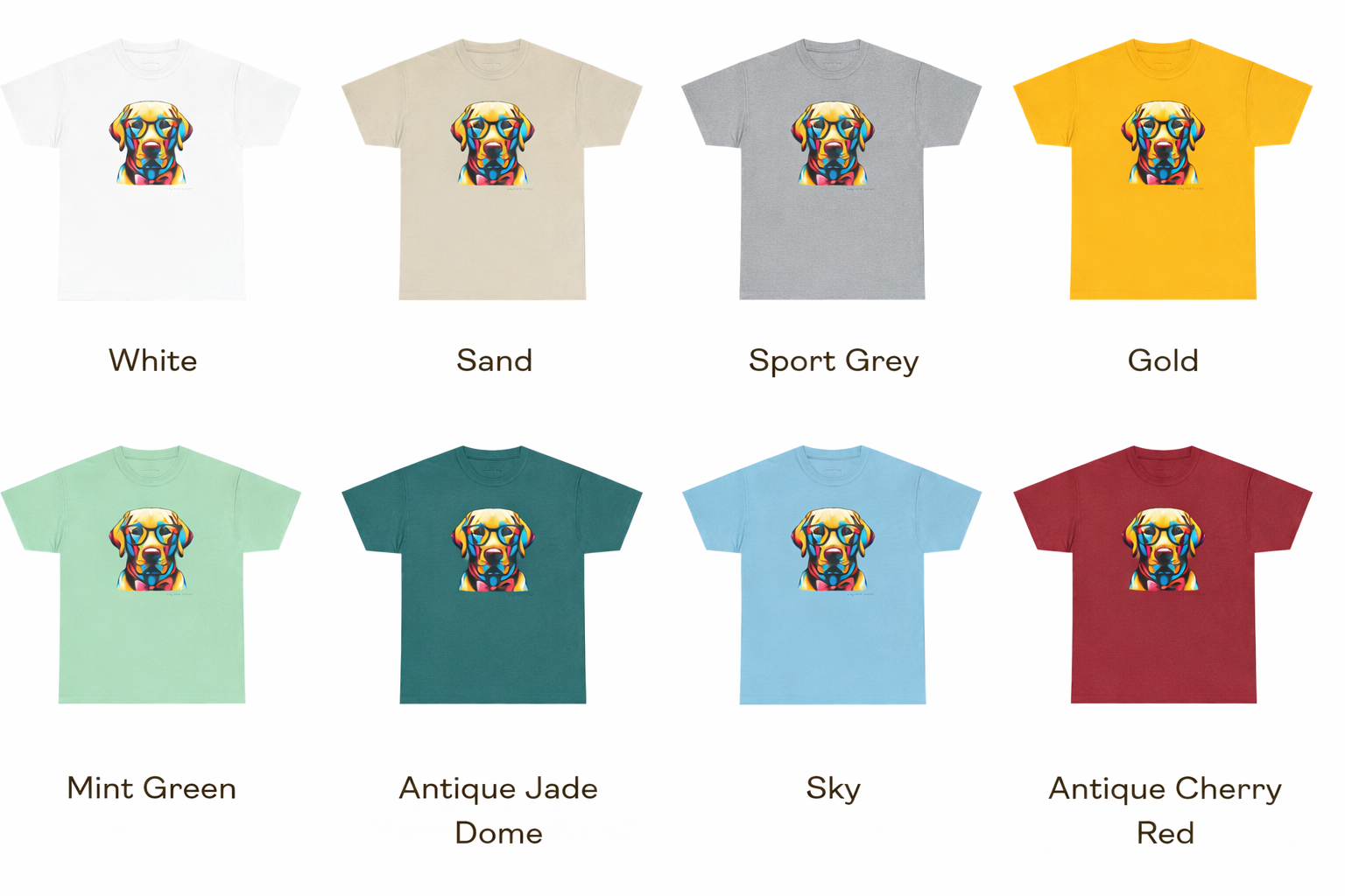Collection of t-shirts in various colours with a dog graphic on a white background