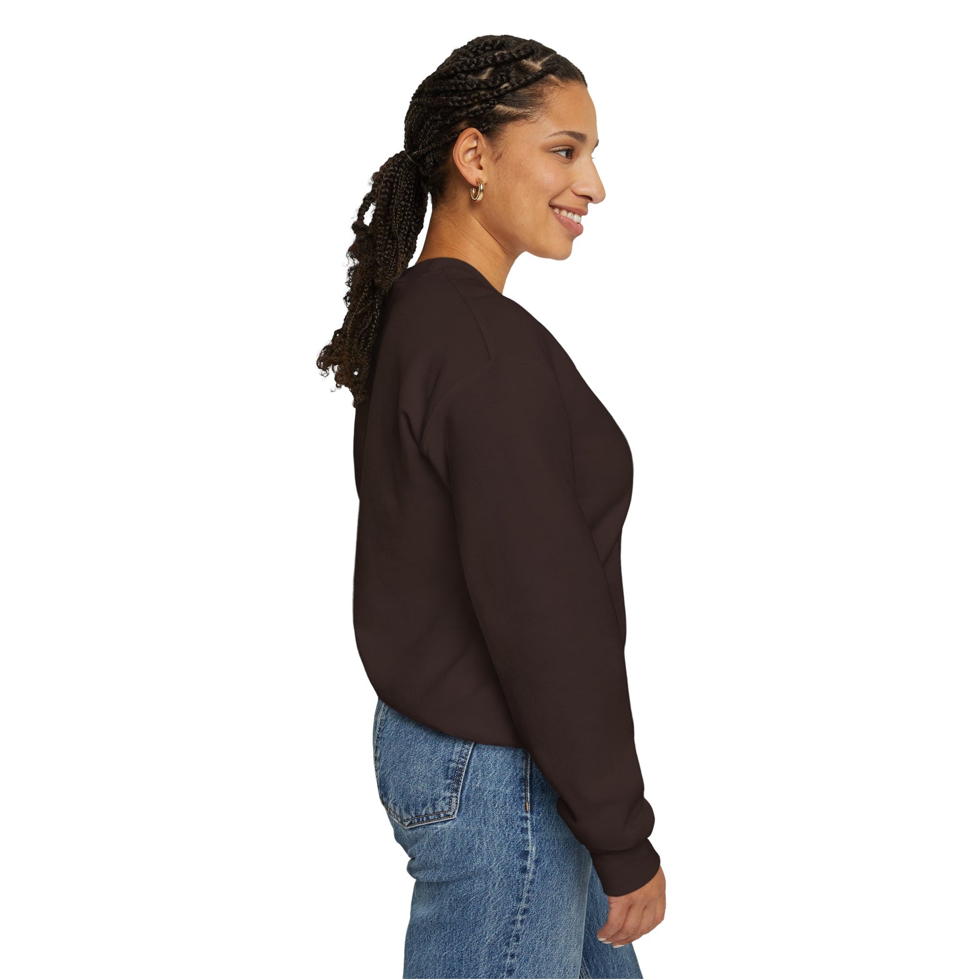 Woman wearing a Wild & Free Reindeer unisex sweatshirt in Dark Chocolate with quirky stag print on a white background