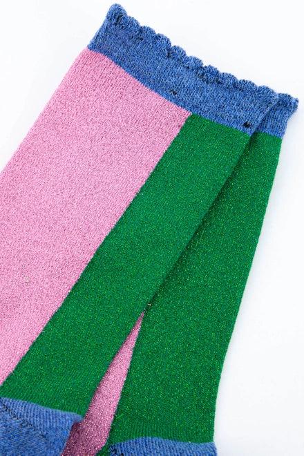 Women's Cotton Glitter Socks Colour Block in Green & Pink