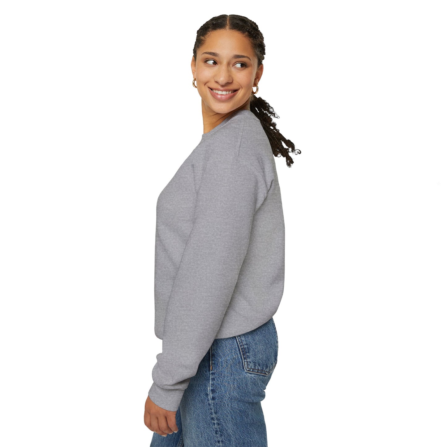 Woman wearing a Wild & Free Reindeer unisex sweatshirt in Sport Grey with quirky stag print and blue jeans on a white background