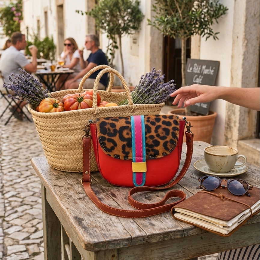 Handmade recycled leather crossbody bag in red and leopard print patchwork design with adjustable strap on a table in an outdoor setting.