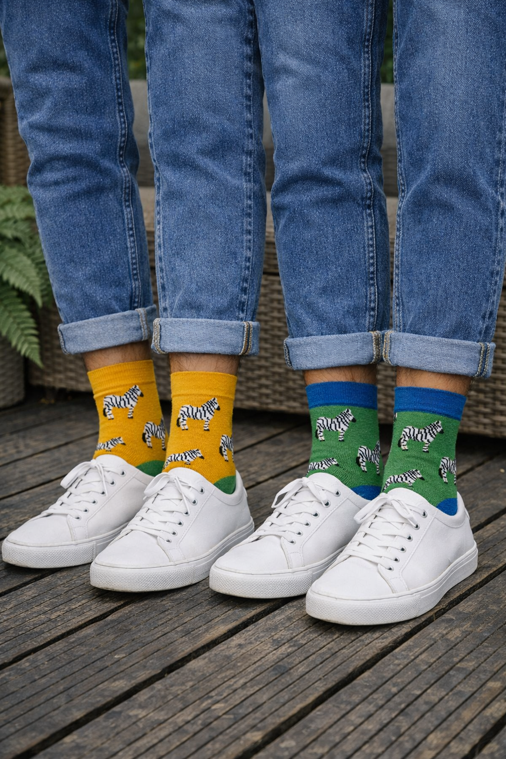 Two pairs of feet wearing colorful socks with zebra pattern on a wooden floor.