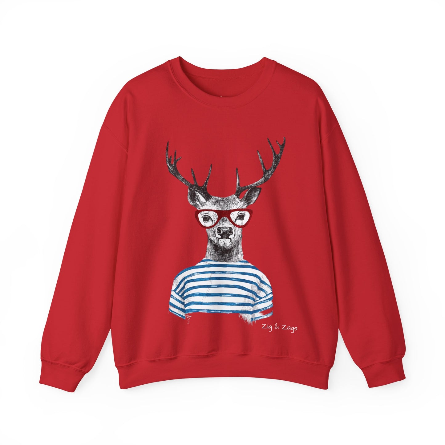 Red sweatshirt with a graphic of a deer wearing glasses and a striped shirt on a white background.