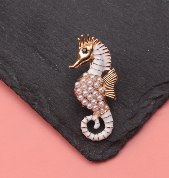 Elegant Pearl Seahorse Brooch with Rose Gold Finish & Enamel Detail