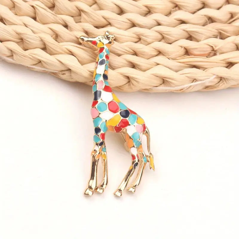Colorful Enamel Giraffe Brooch Pin | Gold-Tone Animal Jewelry