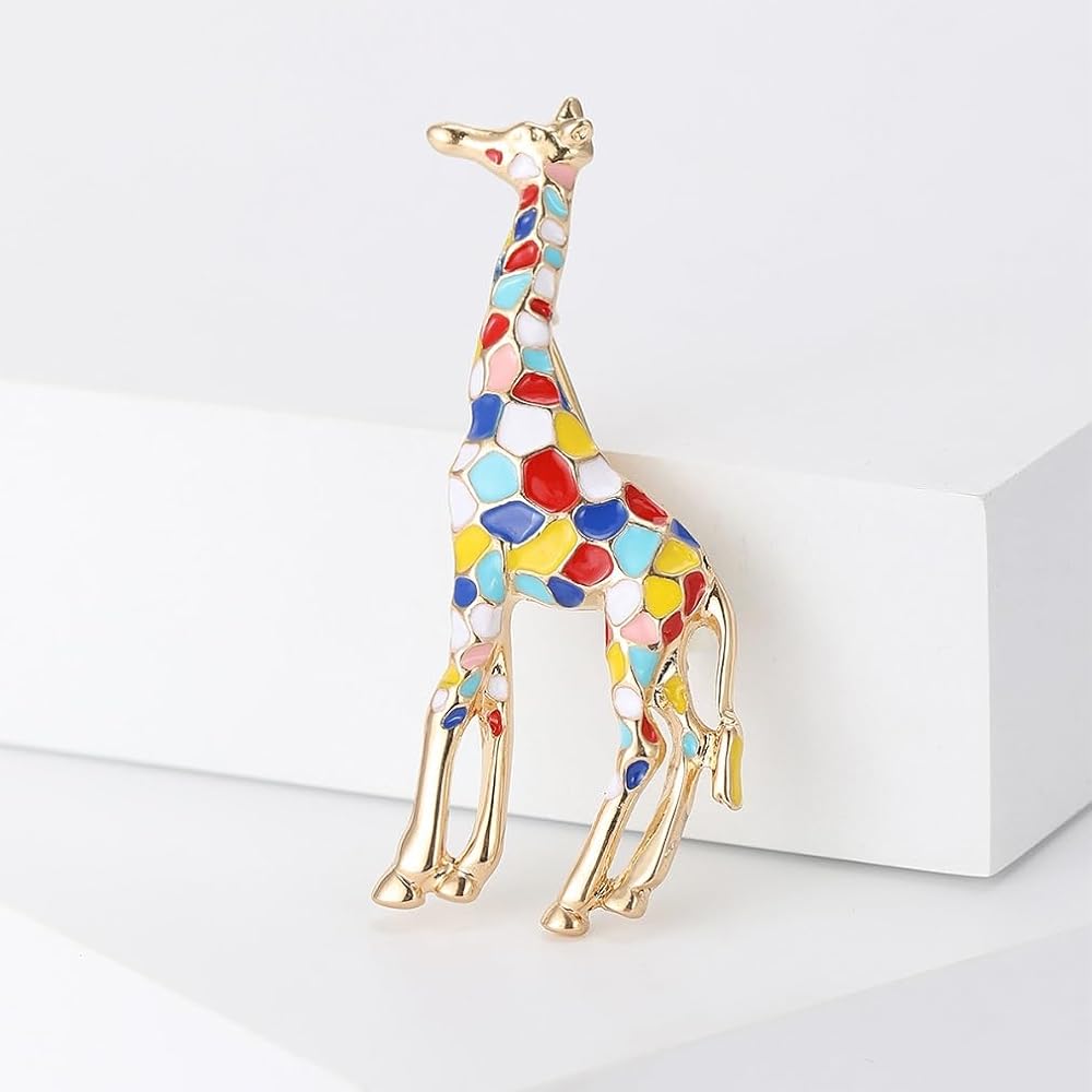 Colorful Enamel Giraffe Brooch Pin | Gold-Tone Animal Jewelry