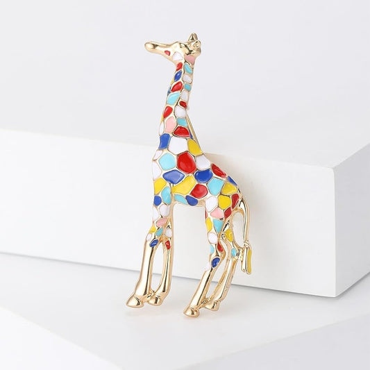 Colorful Enamel Giraffe Brooch Pin | Gold-Tone Animal Jewelry
