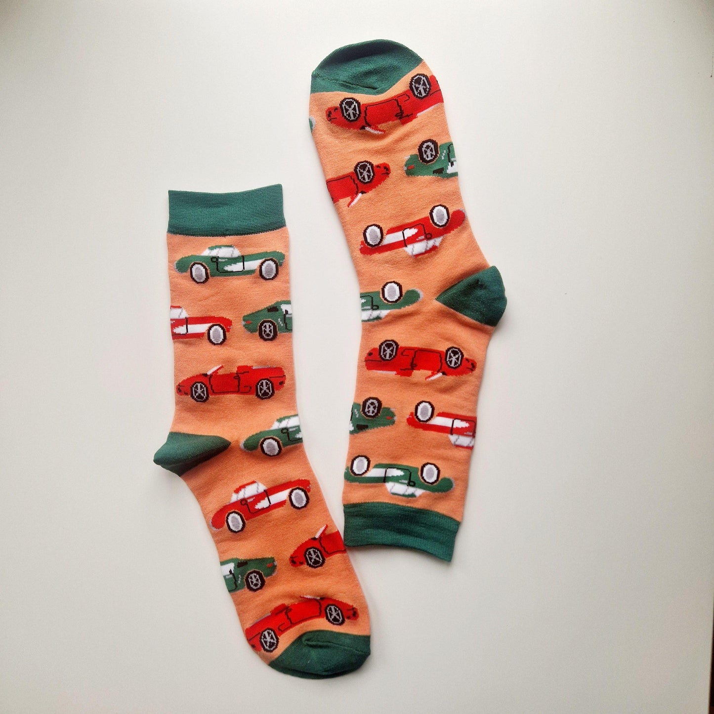 Men's Sports Cars Bamboo Novelty Socks Orange and Green