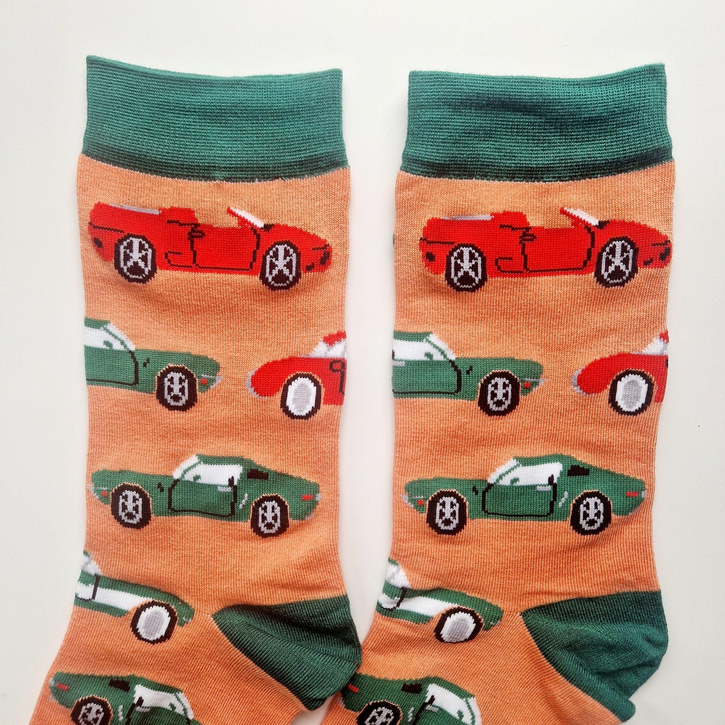 Men's Sports Cars Bamboo Novelty Socks Orange and Green