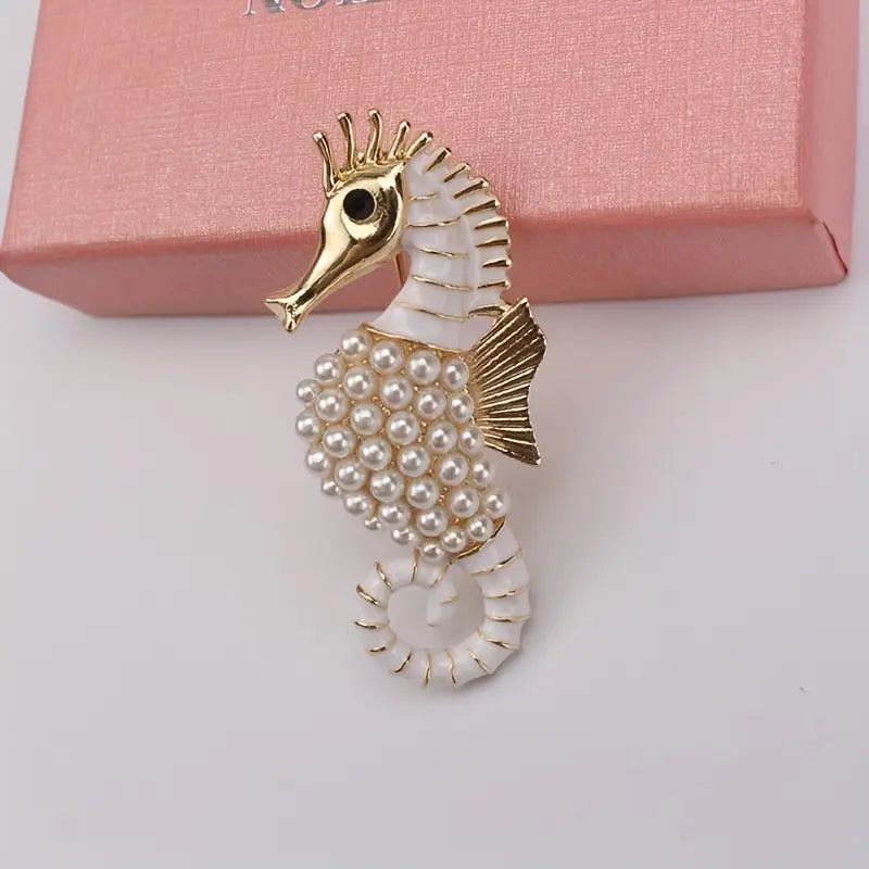 Elegant Pearl Seahorse Brooch with Rose Gold Finish & Enamel Detail