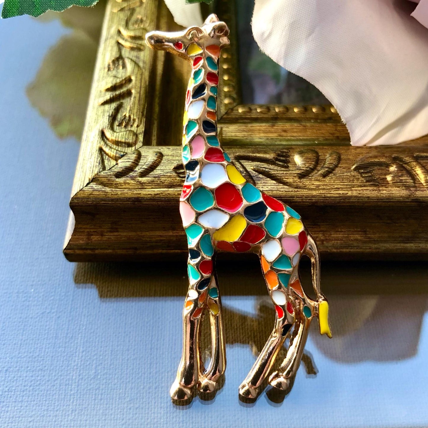 Colorful Enamel Giraffe Brooch Pin | Gold-Tone Animal Jewelry