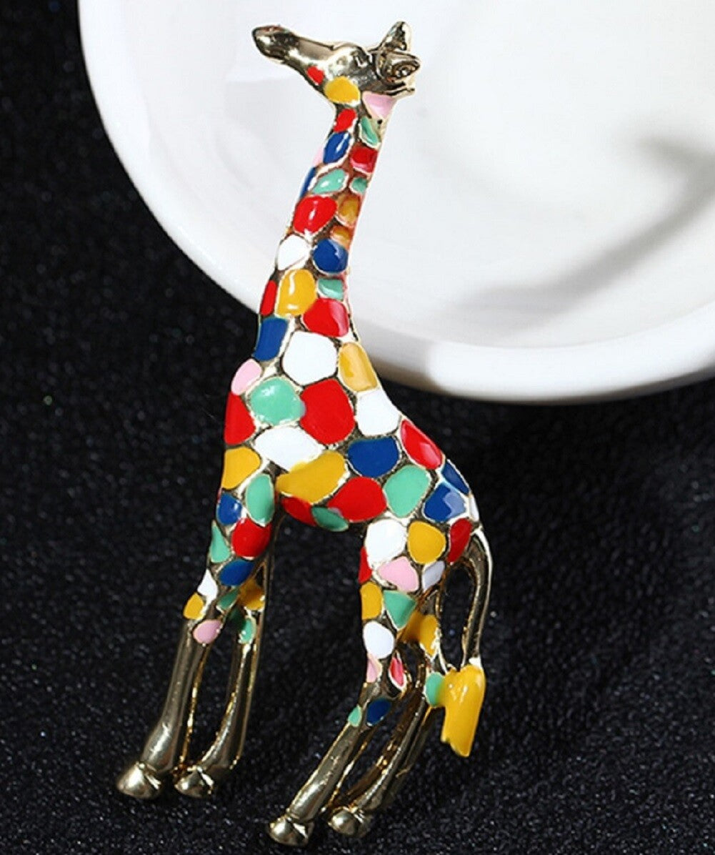 Colorful Enamel Giraffe Brooch Pin | Gold-Tone Animal Jewelry