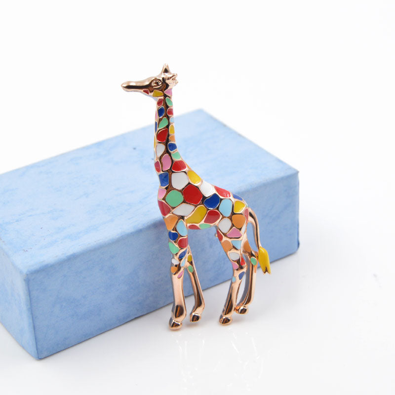 Colorful Enamel Giraffe Brooch Pin | Gold-Tone Animal Jewelry