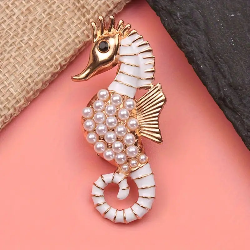 Elegant Pearl Seahorse Brooch with Rose Gold Finish & Enamel Detail
