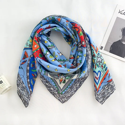 The "Tree of Life" Silky Satin Scarf in Sky Blue